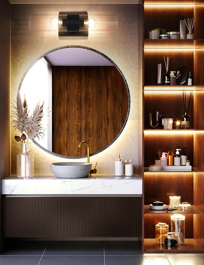 Textured Black Modern Bathroom Sconces Wall Lighting with Clear Ribbed Glass, Brushed Nickel 2-Light Bathroom Vanity Light Fixtures for Mirror Living Room Hallway Bedroom