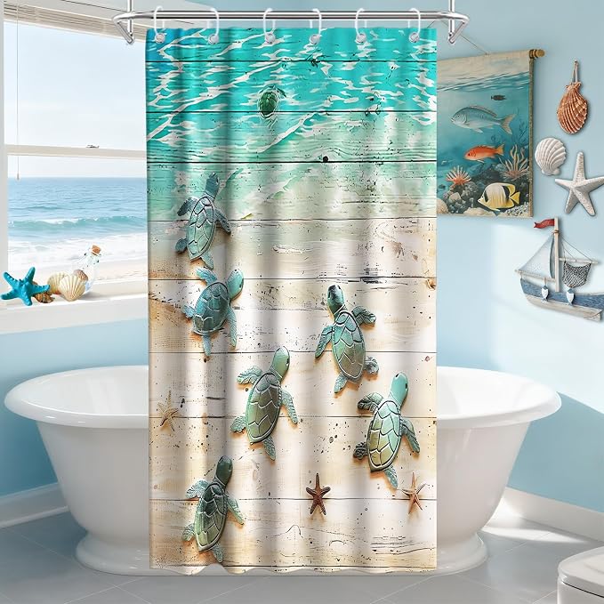 Cute Ocean Kids Shower Curtain, Beach Nautical Tropical Sea Turtle Shower Curtains for Bathroom, Waterproof Bath Curtain with Hooks Machine Washable Bathtub Curtains 36x72 Inch Blue Green
