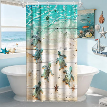 Cute Ocean Kids Shower Curtain, Beach Nautical Tropical Sea Turtle Shower Curtains for Bathroom, Waterproof Bath Curtain with Hooks Machine Washable Bathtub Curtains 36x72 Inch Blue Green