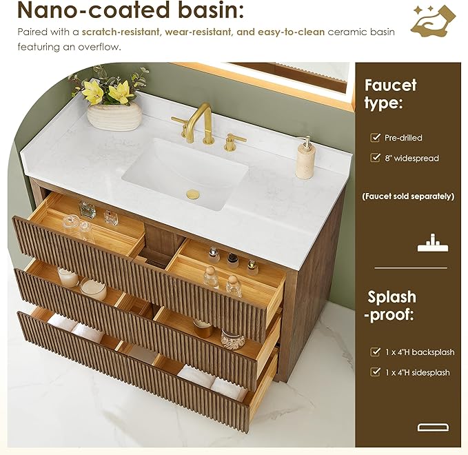 ALTAIR 48 Inch Bathroom Vanity with Sink Single Vanities Brown Pedestal Large Storge Cabinet with Backsplash Sidesplash Ceramic Countertop Mordern Pre-Assembled Bath Fixtures