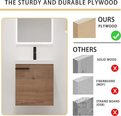 Malwee 18" Floating Bathroom Vanity with Sink, 18 Inch Single Sink Wall Mounted Bathroom Vanity, with 1 Door and White Ceramic Basin top, Modern Bath Wall-hung Storage Cabinet for Small Space(017-18)