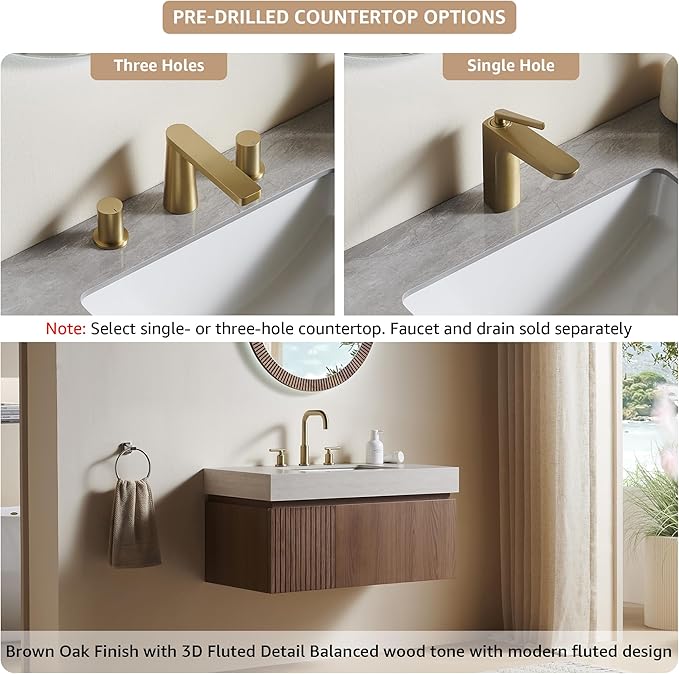 30” Floating Bathroom Vanity with Sink, Wall-Mounted Cabinet with Drawer & Doors, Roma Travertine-Pattern Countertop, Undermount Basin, 3 Faucet Hole, Soft-Close, Pre-Assembled, Brown Oak