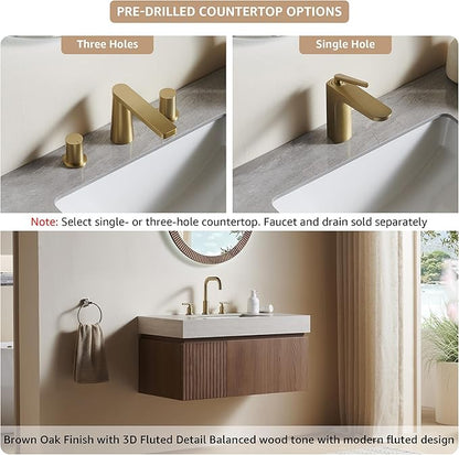 36” Floating Bathroom Vanity with Sink, Wall-Mounted Cabinet with Drawer & Doors, Roma Travertine-Pattern Countertop, Undermount Basin, 3 Faucet Hole, Soft-Close, Pre-Assembled, Brown Oak
