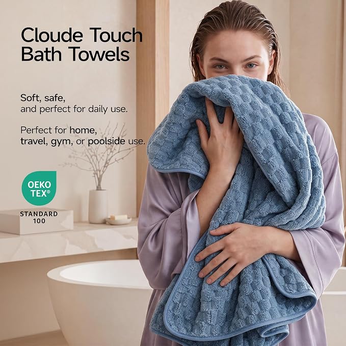 REDKISS Blue Gray Microfiber Bath Towels Large, 30"x60", Super Absorbent | Blue Gray, 2 Pack Quick Dry, Super Soft, Lint Free, Fluffy Towel for Bathroom, Spa, Dorm, Ideal Everyday Use