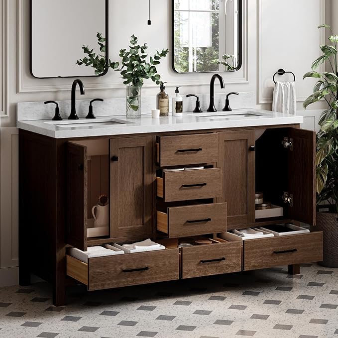 ARIEL Cambridge 60-inch Bathroom Vanity with Sink,Solid Wood, 1.5-inch Italian Carrara Marble Countertop, Double Rectangular Porcelain Sink, 4 Soft Closing Doors, 6 Dovetail Drawers, Brown Oak