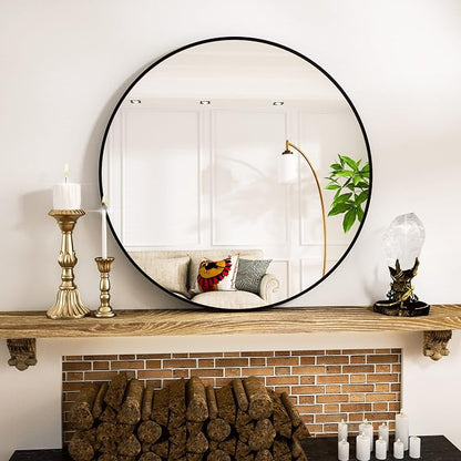 Round Mirror 28" Black Wall Mounted Circle Mirrors Vanity Mirror with Aluminum Alloy Frame Modern Decoration for Bathroom, Living Room, Vanity, Bedroom, Entryway