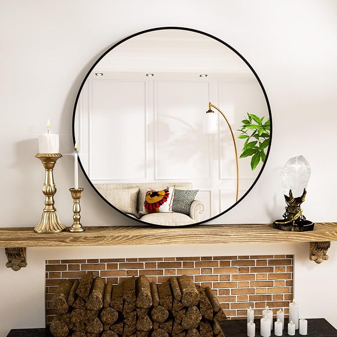 Round Mirror 36" Black Wall Mounted Circle Mirrors Vanity Mirror with Aluminum Alloy Frame Modern Decoration for Bathroom, Living Room, Vanity, Bedroom, Entryway