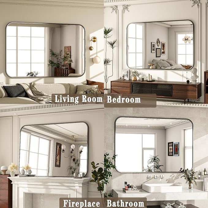 30x48 Inch Black Bathroom Vanity Mirror for Over Sink | Rectangle Wall Mirror for Bathroom with Round Corner, Hangs Horizontally Vertically for Living Room, Bedroom as Home Decor