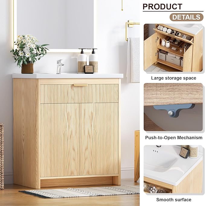 Bathroom Vanity with Sink, 32 Inch Single Bathroom Vanity with Sink with Storage Cabinet for Small Space, Freestanding Storage Bathroom Vanity with 2 Soft Closing Cabinets, Nature Wood