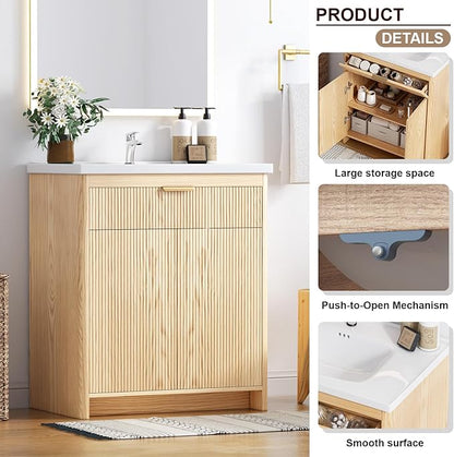 32 Inch Bathroom Vanity with Sink, Bathroom Cabinet Vanity for Small Space, Freestanding Storage Bathroom Vanity with 2 Soft Closing Cabinets, Nature Wood