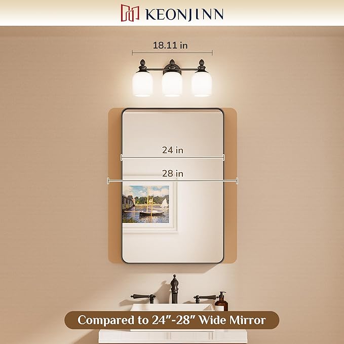 Keonjinn Gold Bathroom Light Fixtures, 3-Light Vintage Vanity Lights for Mirror with Frosted Glass Shades, UL Listed E26 Base(Bulbs Not Included), Reversible Vanity Lighting Fixtures for Bathroom