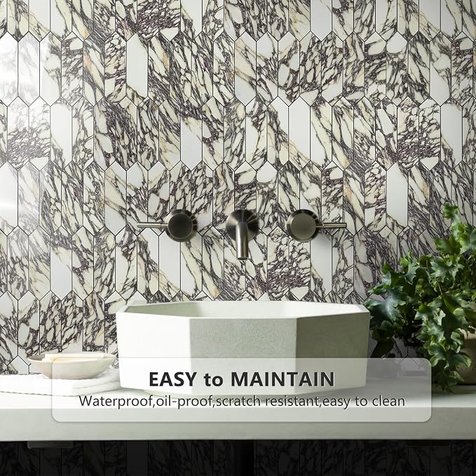 Vamos Tile Glossy Marble Purple Backsplash Tile Peel and Stick, 12.8 x 12.8 Inch 10 Sheets Long Hexagon PVC Self Adhesive Mosaic Wall Tiles Stick on Backsplash for Kitchen and Bathroom