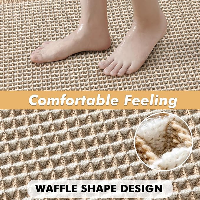 MIULEE Set of 2 Waffle Bathroom Rugs Boho Bath Mat Brown&White 18x30 Inch | Non Slip, Super Absorbent, Washable, Ultra Soft, Rubber Backed, Beige Bath Rugs for Bathroom Floor Tub Shower
