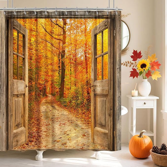 Boho Fall Forest Shower Curtain, Autumn Nature Jungle Woodland Maple Leaves Tree Shower Curtain Set, Rustic Barn Door Fabric Farmhouse Cabin Shower Curtain for Bathroom 12 Hooks, 72x72 Orange Yellow