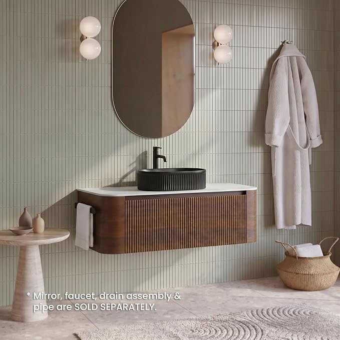 48" Preassembled Floating Bathroom Vanity with Black Sink, Walnut | Mid-Century Modern Style, Fluted & Soft-Close Drawer with U-shaped Wall, Sinterted Stone Countertop, Towel Rack Included