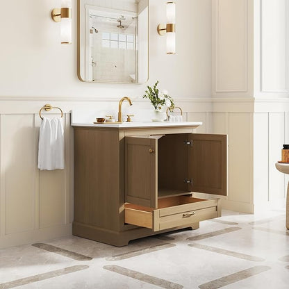 WELLFOR 36" Bathroom Vanity with Sink, Bathroom Freestanding Vanity W/ 2 Soft-Close Doors and 1 Soft-Close Drawers, Bathroom Cabinet Vanity with Cultured Marble Countertop (Oak)