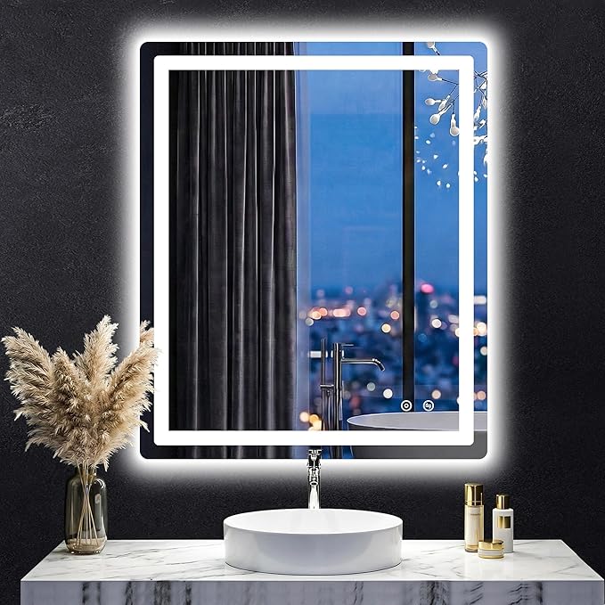 LED Bathroom Mirror with Lights, 30"x36" Lighted Vanity Mirror for Wall | Anti-Fog, Dimmable 3 Color Light, Backlit+Frontlit, Shatterproof Tempered Glass, Memory Function