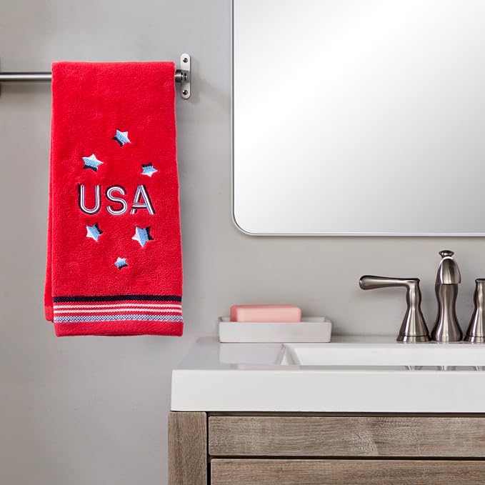 SKL Home USA Hand Towel Set-2pc, 100% Cotton, Embroidered, Red | Fun for Memorial Day, 4th of July, Labor Day & all patriotic holidays. For use in the bathroom, kitchen or bar.