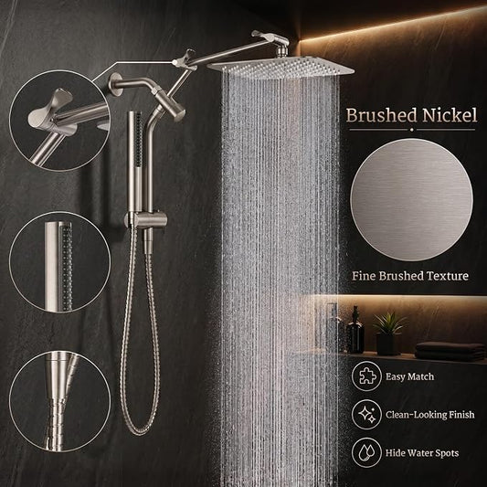 Veken All Metal 10" Luxurious Brushed Nickel Rain Shower Head with Handheld | Dual High Pressure Shower Heads, Power-wash Hand Held with Hose,Double Detachable Showerhead,Square Rainfall,Bathroom Upgrade