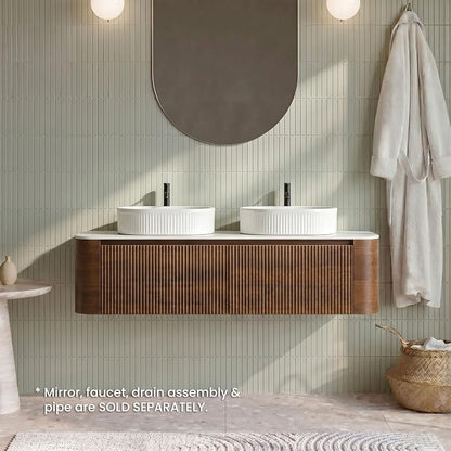 60" Preassembled Double Floating Bathroom Vanity with White Sink, Walnut | Mid-Century Modern Style, Fluted & Soft-Close Drawer with U-shaped Wall, Sinterted Stone Countertop, Towel Rack Included