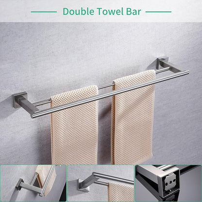 Miyili Bathroom Accessories Set 4-Piece Bath Hardware Kit Brushed Stainless Steel Wall Mount - Includes Double Towel Bar, Hand Towel Rack, Toilet Paper Holder, Robe Hook, BS02N4