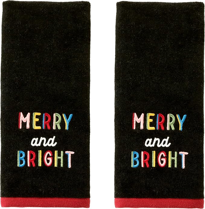 SKL Home Christmas Rainbow Merry Hand Towel Set-2pc, 100% Cotton, Black | Soft, embroidered velour. Great for the bathroom, kitchen or bar & holiday gifting.
