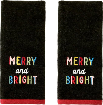 SKL Home Christmas Rainbow Merry Hand Towel Set-2pc, 100% Cotton, Black | Soft, embroidered velour. Great for the bathroom, kitchen or bar & holiday gifting.
