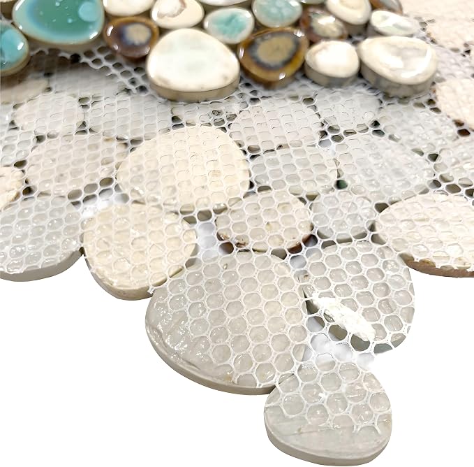 Ceramic Pebble Mosaic Tile, Aqua Cream Coffee, 5 Sq Ft | Crystal Glazed Porcelain, River Stone Look, 12"x12" Sheet for Kitchen Backsplash, Fireplace Surround & Spa Wall Decor