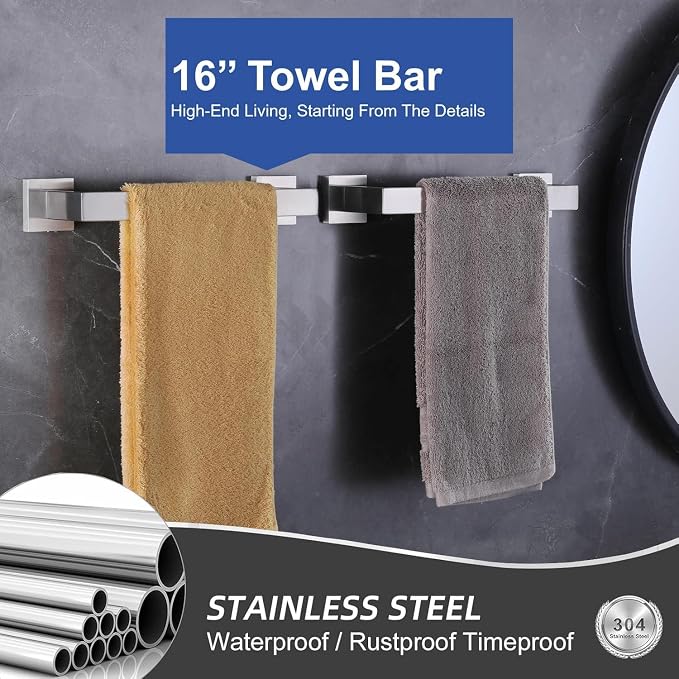 5-Pieces Bathroom Hardware Set Brushed Nickel Bathroom Accessories Set SUS304 Towel Bar Set Includes 1 Towel Bar 16 Inch+1 Towel Holder+1 Toilet Paper Holder+2 Towel Hooks (5, Brushed Nickel, 16 Inch)