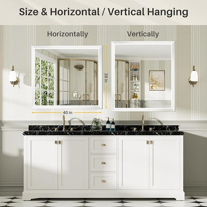 Bathroom Wall Mirror, White Metal Frame, 40x36 Inch | Anti-rust, HD tempered glass, for bathroom vanity, bedroom, living room, horizontal or vertical mount