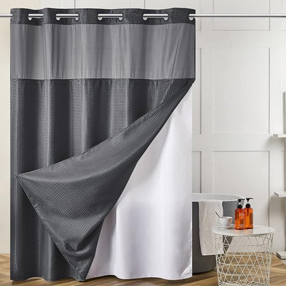 Furlinic Dark Grey Small Stall No Hook Shower Curtain with Snap in Liner,Waffle Weave Heavy Duty Fabric Waterproof Bathroom Curtains,Washable Shower Curtain Set with See Through Window 36x72 Inch