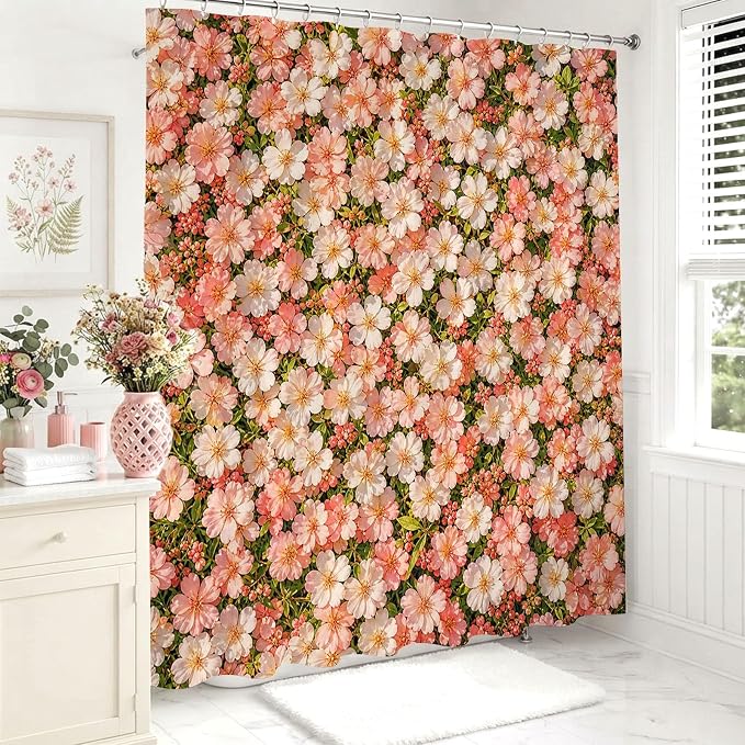 Floral Shower Curtain Pink Farmhouse Flowers Shower Curtain 72 X 72 Inch | with Waterproof Washable Bath Curtain for Boho Floral Bathroom Decor