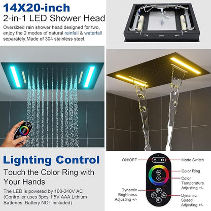 ENGA Oil Rubbed Bronze Dual Rain Shower Head System, 2 In 1 Functions Ceiling Mount 14x20inch LED Shower Head with 6 Inch Shower Head, Rainfall Waterfall Shower Faucet Set