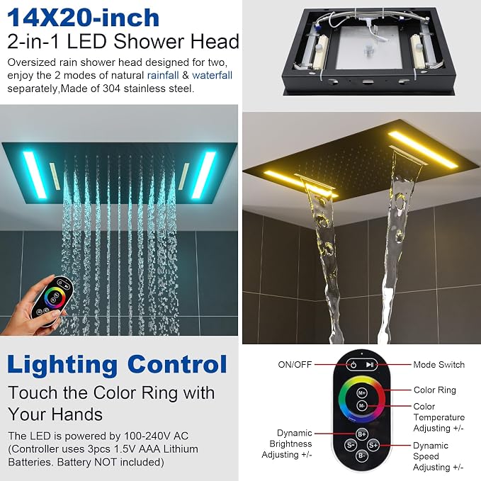 ENGA Oil Rubbed Bronze Shower System with Body Jets, 2 In 1 Functions Ceiling Mount 14x20inch LED Shower Head with 4 Body Jets, Rainfall Waterfall Shower Faucet Set