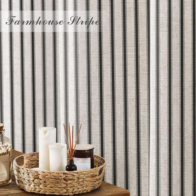 Farmhouse Striped Shower Curtain Black Vintage Linen Curtain 72"W X 72"L | Striped Shower Curtains with Linen Texture for Bathroom Decor