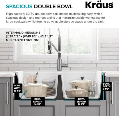 KRAUS Quarza 33-inch Granite Drop-In/Undermount 50/50 Double Bowl White Kitchen Sink, KGD-433BWHITE