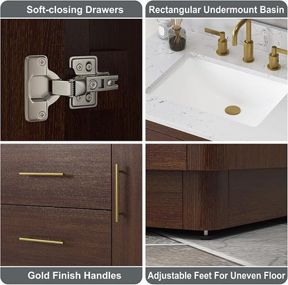30 Inch Bathroom Vanity with Sink, Solid Wood Frame with Engineered Marble Countertop, Fully-Assembled Vanity with Soft-Close Drawers, Adjustable Feets, Warm Elm
