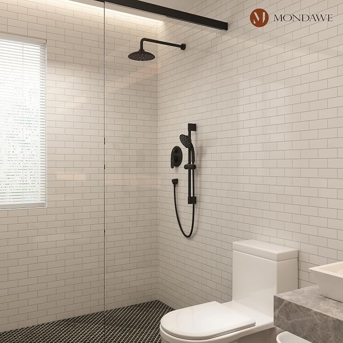 MONDAWE 8 Inch Wall Mounted Shower Faucet Set in Matte Black, Rainfall Shower Head with 3-Setting Handheld Spray Shower Set Combo, High Pressure Shower System with Solid Brass Valve