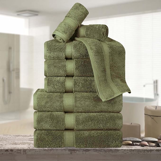 Superior Egyptian Cotton 800 GSM Plush Absorbent, 9 Piece Set, Forest Green | Quick Dry, Soft Luxury Towel Set, Bath Essentials, Guest Bath, Spa, 3 Bath, 3 Hand, 3 Face Towel, Madeline Towels