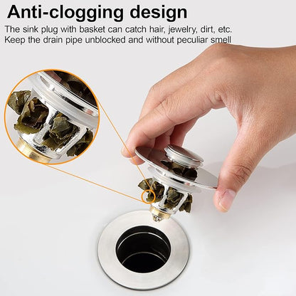 Bathroom Sink Drain Stopper for 1.1 to 1.5 inch Standard Drain Holes, Pop-up Sink Stoppers, Bullet Core Push Type Basin Drain Filter, Anti Clogging Stainless Steel Sink Strainer With Basket, Brushed