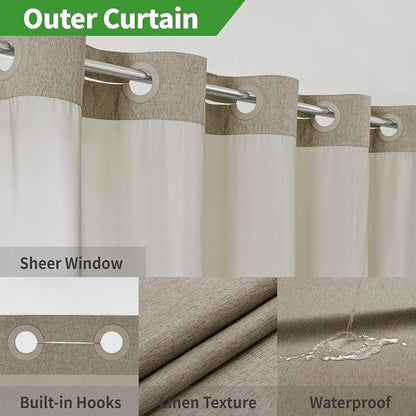 eachope No Hook Fabric Shower Curtain with Snap-in Liner,54x80 Khaki/Tan | Linen Texture,230GSM Thick Fabric,Hotel Luxury Decor,Mesh Window,Waterproof & Machine Washable,for Shower Stall or Bathroom