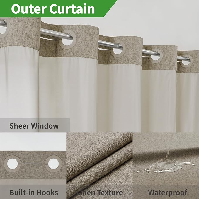 eachope No Hook Fabric Shower Curtain with Snap-in Liner,71x80 Khaki/Tan | Linen Texture,230GSM Thick Fabric,Hotel Luxury Decor,Mesh Window,Bottom magnetic ,Waterproof & Machine Washable,for Bathroom