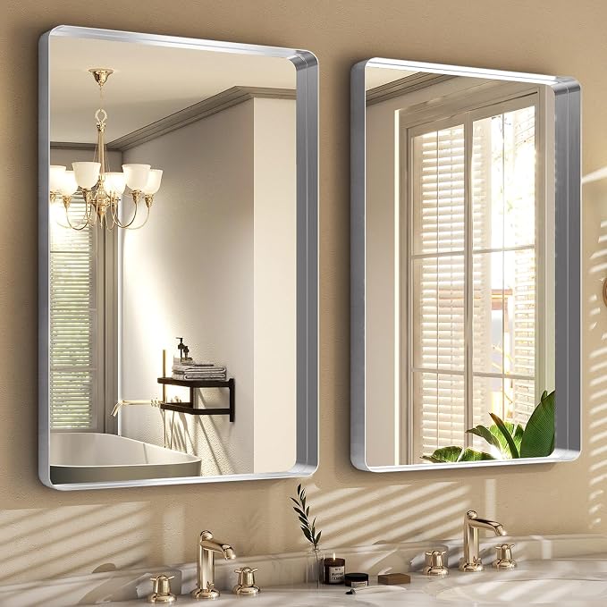 Easly Silver Bathroom Mirror for Wall, 36x24 Inch Rectangular Aluminum Alloy Framed Mirror, Modern Wall Mounted Vanity Mirror for Bathroom, Vertical or Horizontal