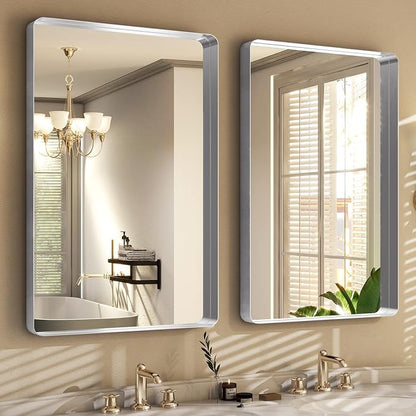Easly Silver Bathroom Mirror for Wall, 36x24 Inch Rectangular Aluminum Alloy Framed Mirror, Modern Wall Mounted Vanity Mirror for Bathroom, Vertical or Horizontal