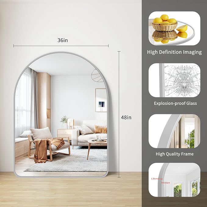 FORBATH Large Arched Wall Mirror 48x36 Inch, Silver Arch Bathroom Mirror with Aluminum Frame, Arched Mirror for Dresser, Fireplace,Entryway,Home Decor,Hanging or Leaning Against Wall