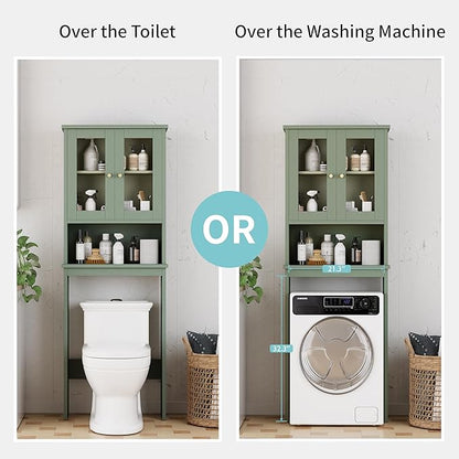 Shintenchi Over the Toilet Storage Cabinet, Bathroom Shelf Organizer with Anti-Tip Device Small Freestanding Space Saver with Adjustable Shelf and Glass Door, Green
