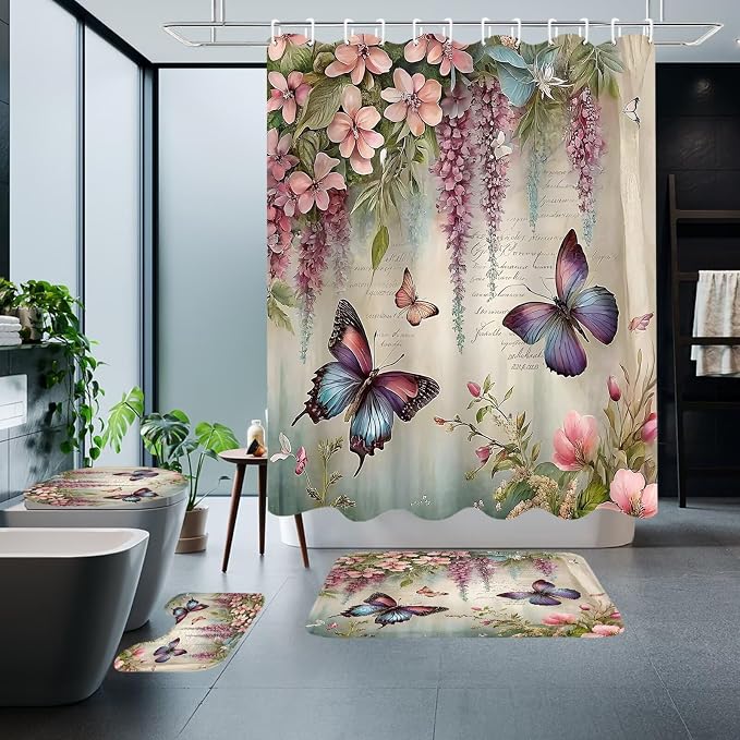 Chrainy 4pcs Spring Butterfly Shower Cutain Set Bathroom Decor with Rugs | Bath Accessories with Waterproof Curtain, Bath Mat, Toilet Lid Cover, U-Shaped Rug and 12 Hooks for Washroom, 71*71in