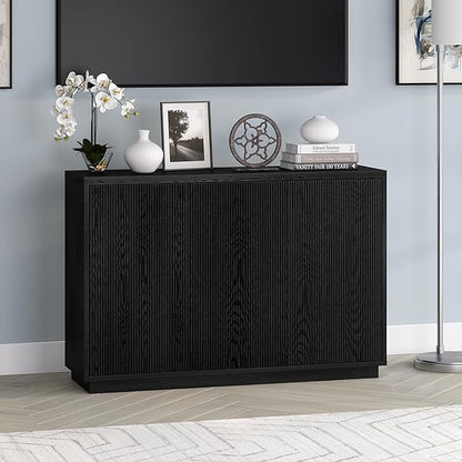 Henn&Hart 48" Fluted Sideboard Buffet Cabinet, Ribbed Wooden Credenza with 3 Doors, Adjustable Shelves, and Cable Management Cut-Outs for Dining Room, Kitchen, Living Room or Entryway, Natural Black