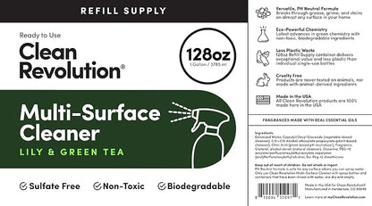 Clean Revolution Multi Surface Cleaner Refill Supply, Non-Toxic, Eco-Friendly & Plant-Based, Ready to Use, Lily & Green Tea, 128 Fl Oz (1 Gallon)