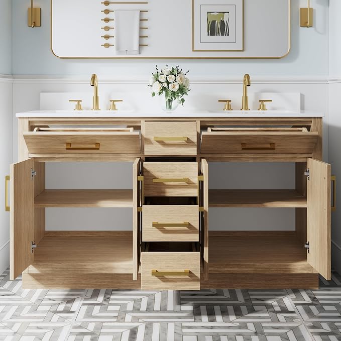 60-Inch Bathroom Vanity with Double Sinks W/ 4 Doors & 4 Drawers & 2 Flip Drawers, Oak Vanity W/Brushed Gold Handles